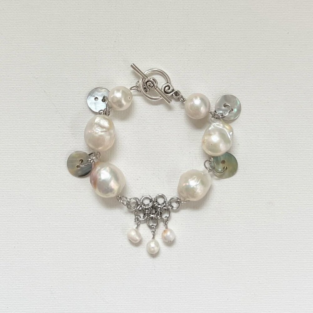 Stainless Steel Bracelet with Mother of Pearl and Baroque Freshwater Pearls